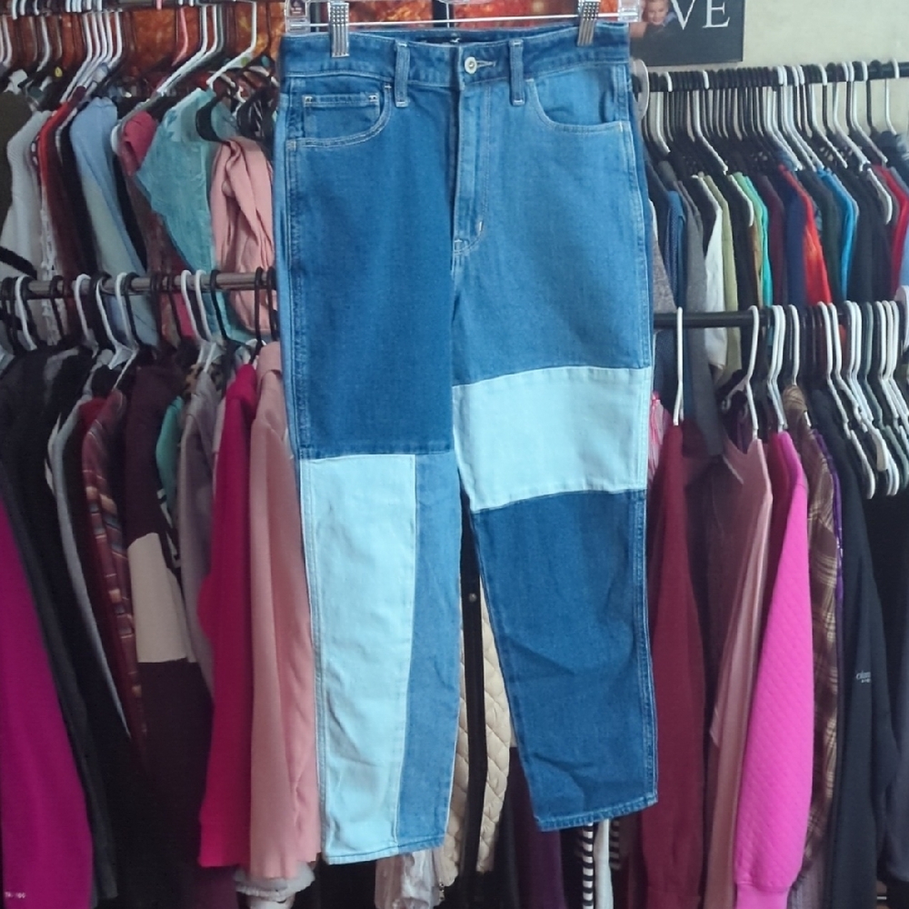 Hollister Blue Patchwork Straight Leg Jeans